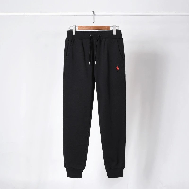 Black pants with red label